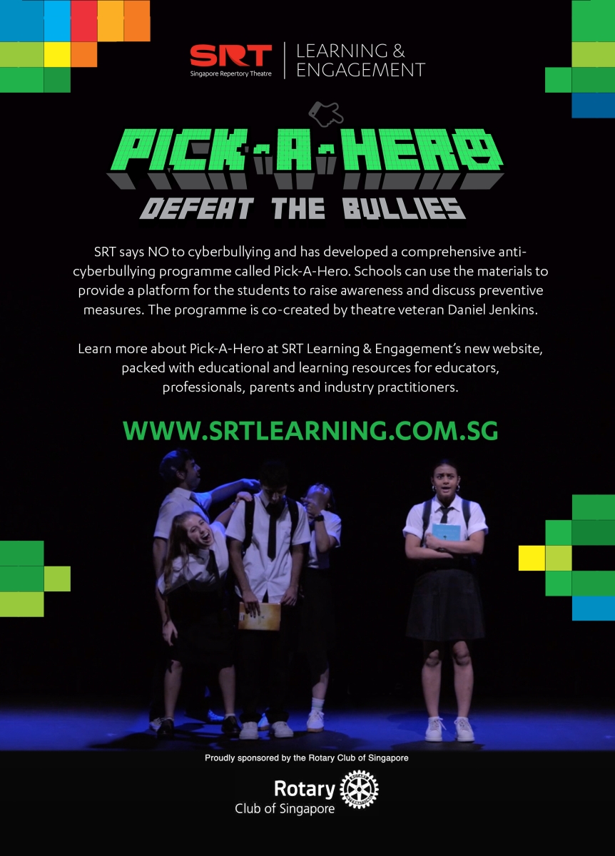 An image with a black background. Three students are laughing at a student in the centre. Next to them is another student holding on to a book. Text on top of the image includes SRT learning and engagement, pick a hero defeat the bullies.  SRT says no to cyberbullying and has developed a comprehensive anti cyberbullying programme called pick a hero. Schools can use the materials to provide a platform for the students to raise awareness and discuss preventive measures. Find out more on www.srtlearning.com.sg